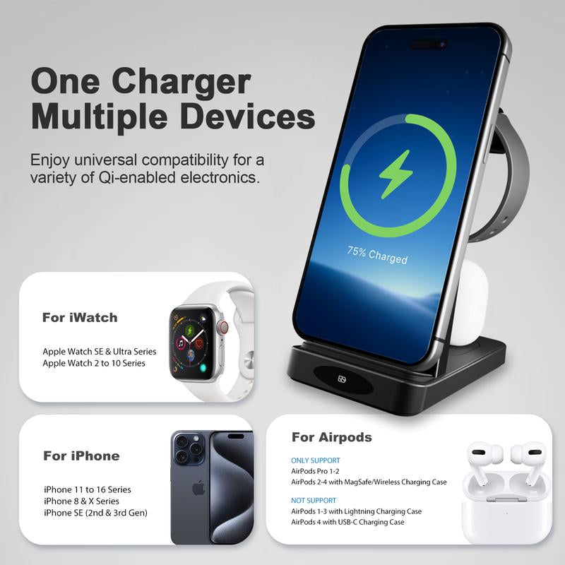 3-In-1 Wireless Charger: Fast, Portable, Safe Charging for Iphone, Apple Watch & Airpods