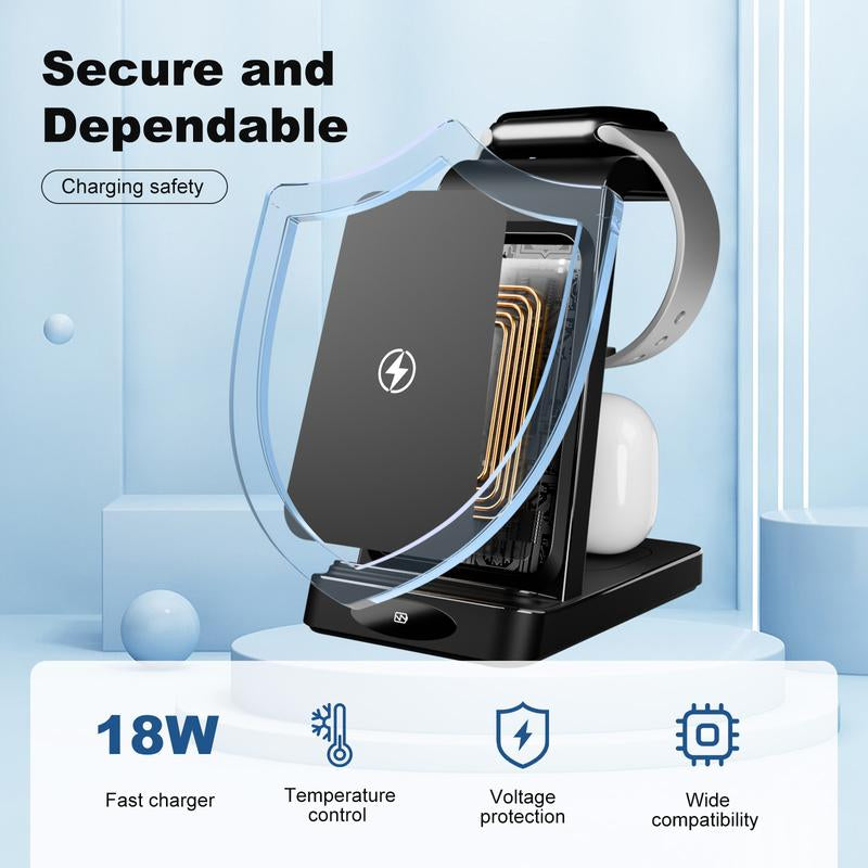 3-In-1 Wireless Charger: Fast, Portable, Safe Charging for Iphone, Apple Watch & Airpods